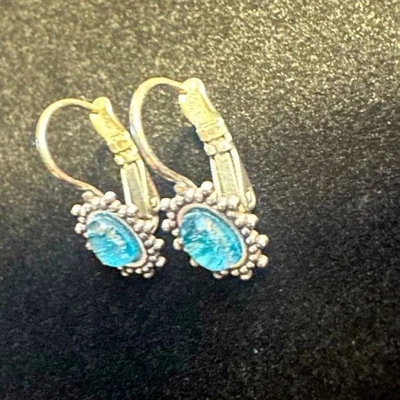 Baked Beads Lever Back Silver Earrings with bright blue gem - Picture 3 of 5